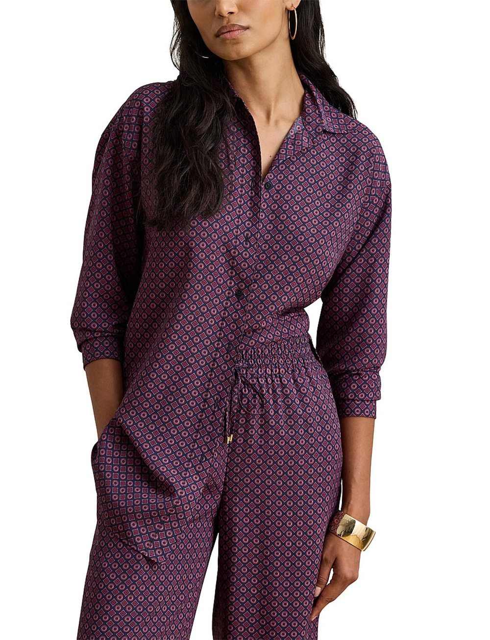 Lauren Ralph Lauren Women Purple Foulard Crepe Relaxed Button-Up Shirt Size M